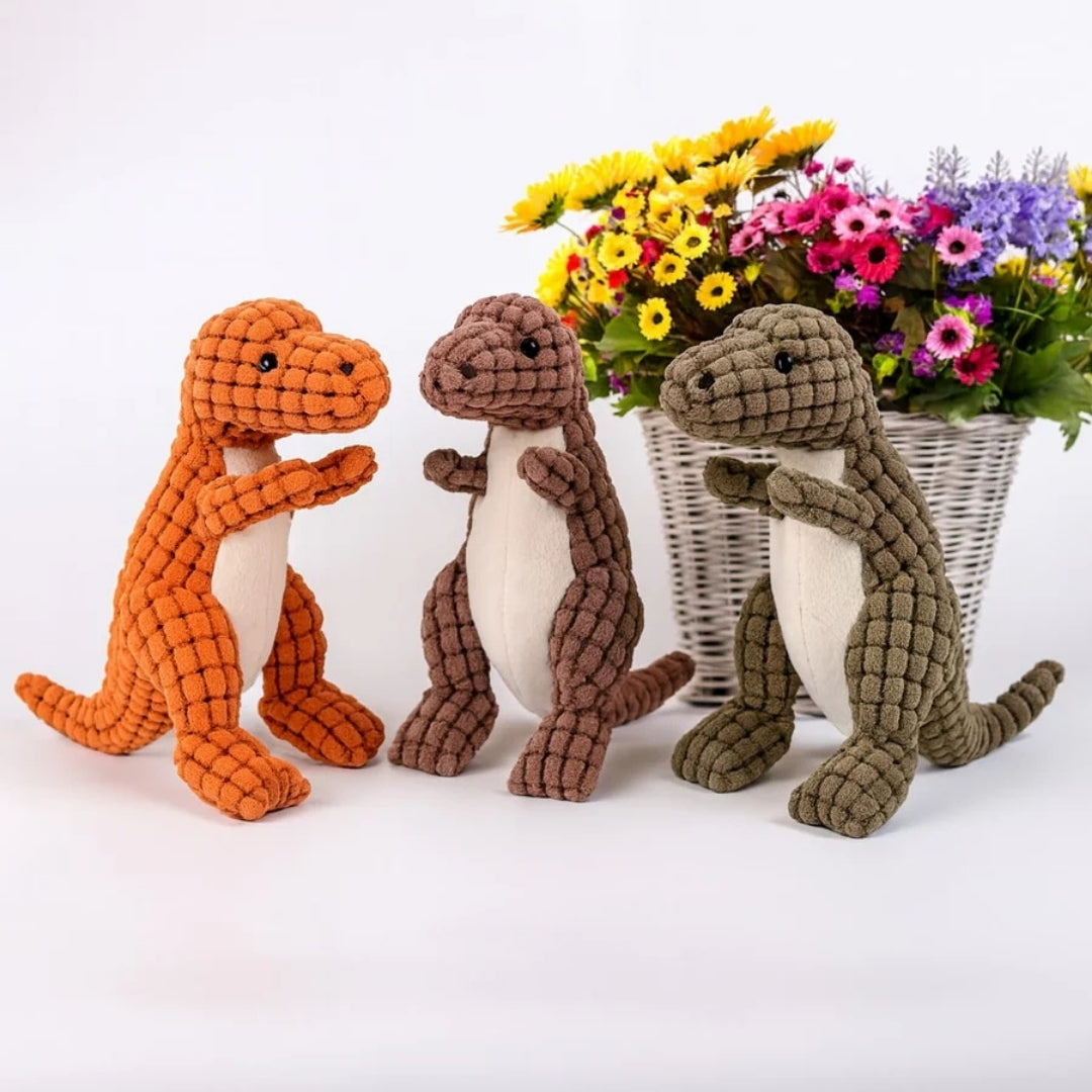 Pluche dinosaurussen in oranje, groen en bruin