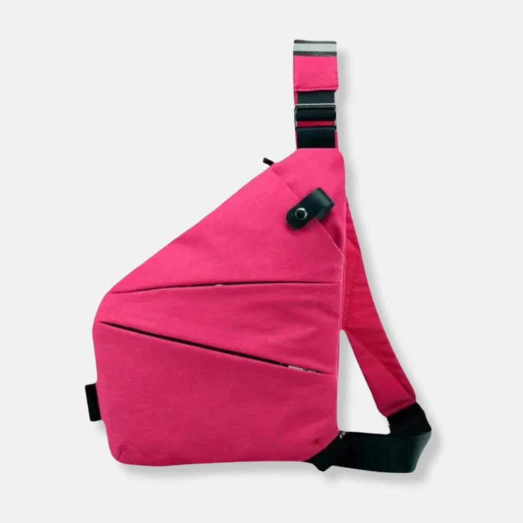 Felroze crossbodytas met zwarte schouderband