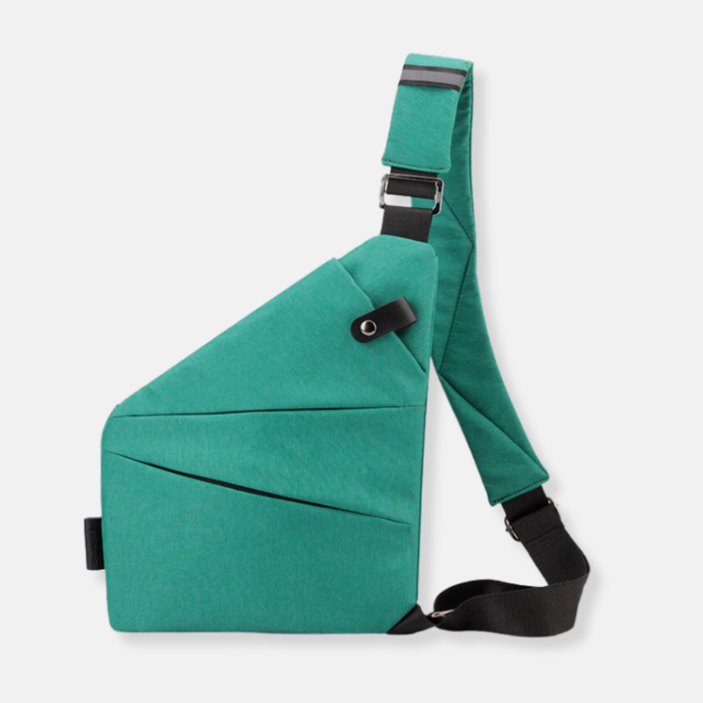 Groenblauwe crossbodytas met zwarte schouderband