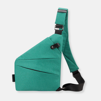 Groenblauwe crossbodytas met zwarte schouderband