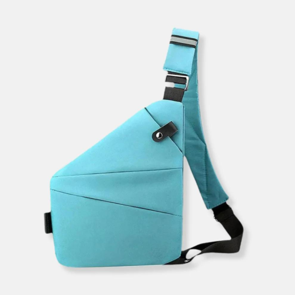 Lichtblauwe crossbodytas met zwarte schouderband