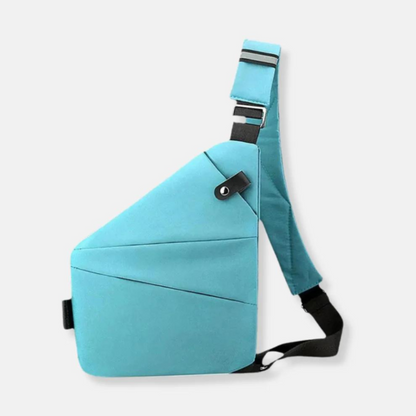 Lichtblauwe crossbodytas met zwarte schouderband