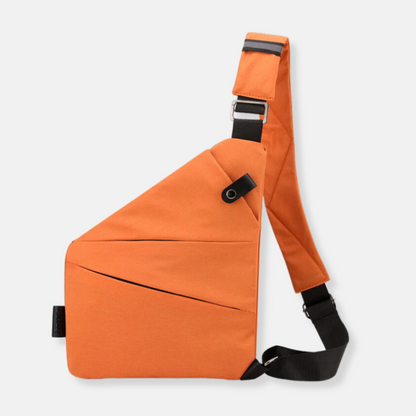 Oranje crossbodytas met zwarte schouderband