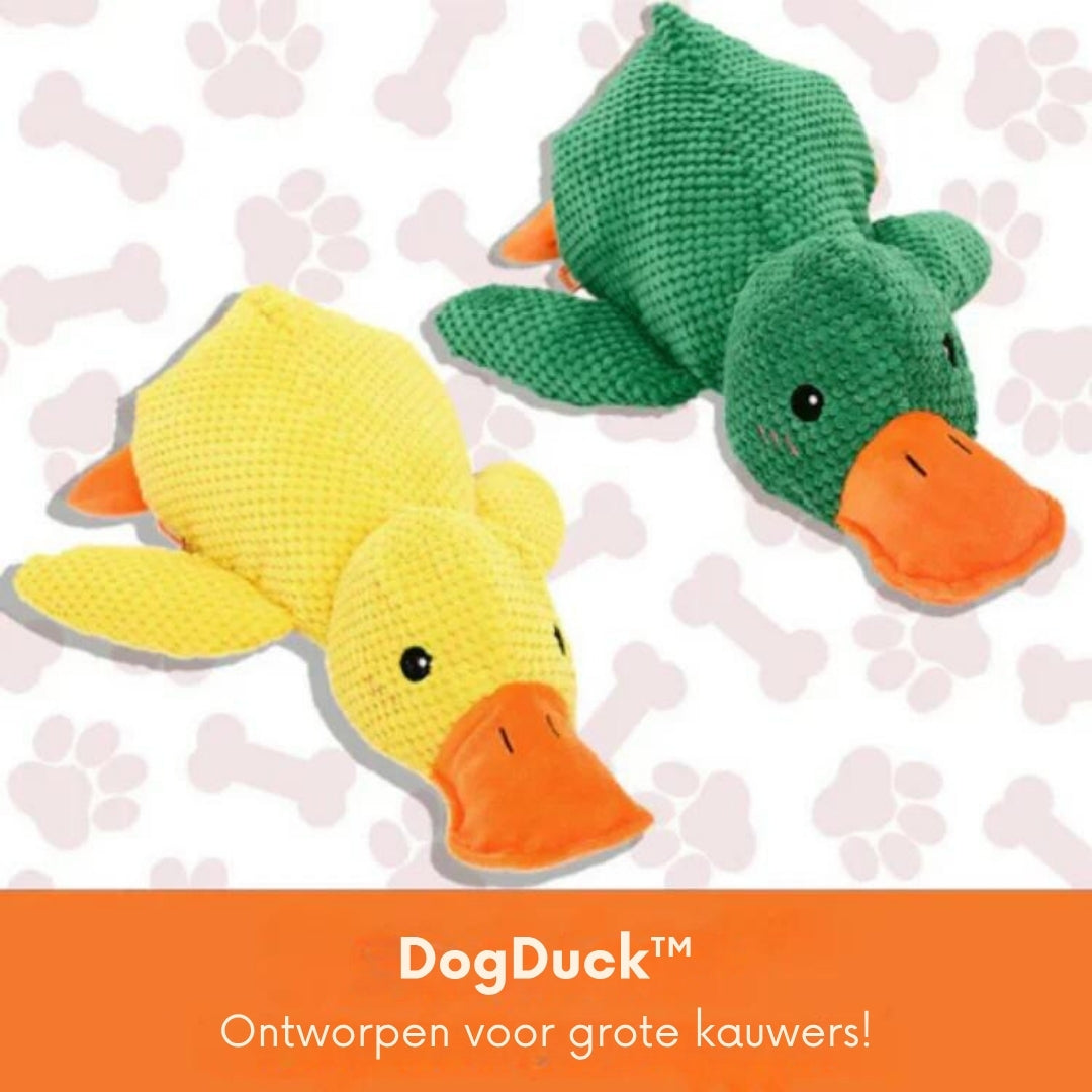 Gele en groene pluche eend met DogDuck-tekst