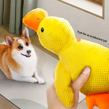 Een gele pluche eend wordt ingedrukt terwijl een hond kijkt