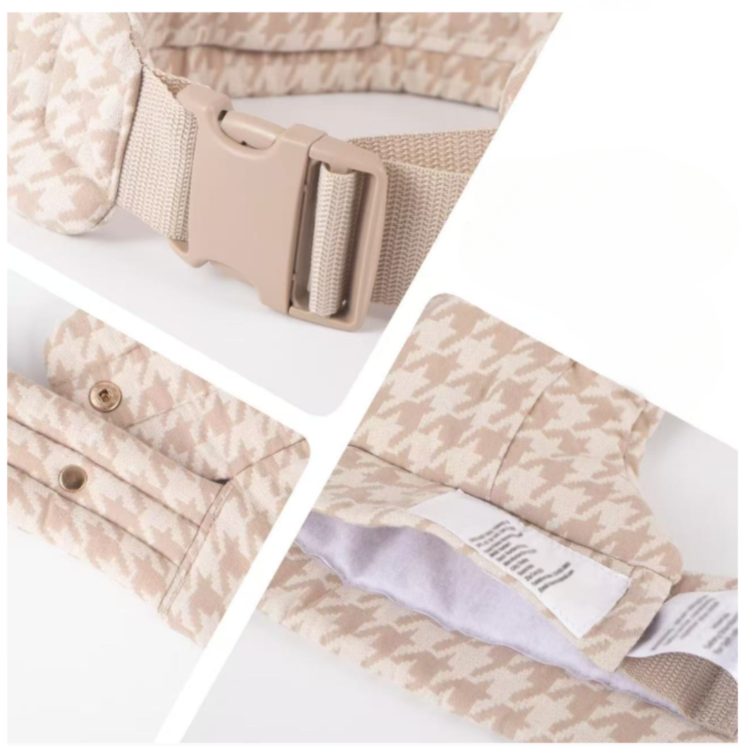 Details van gesp band en beige pied-de-poulestof van de draagzak