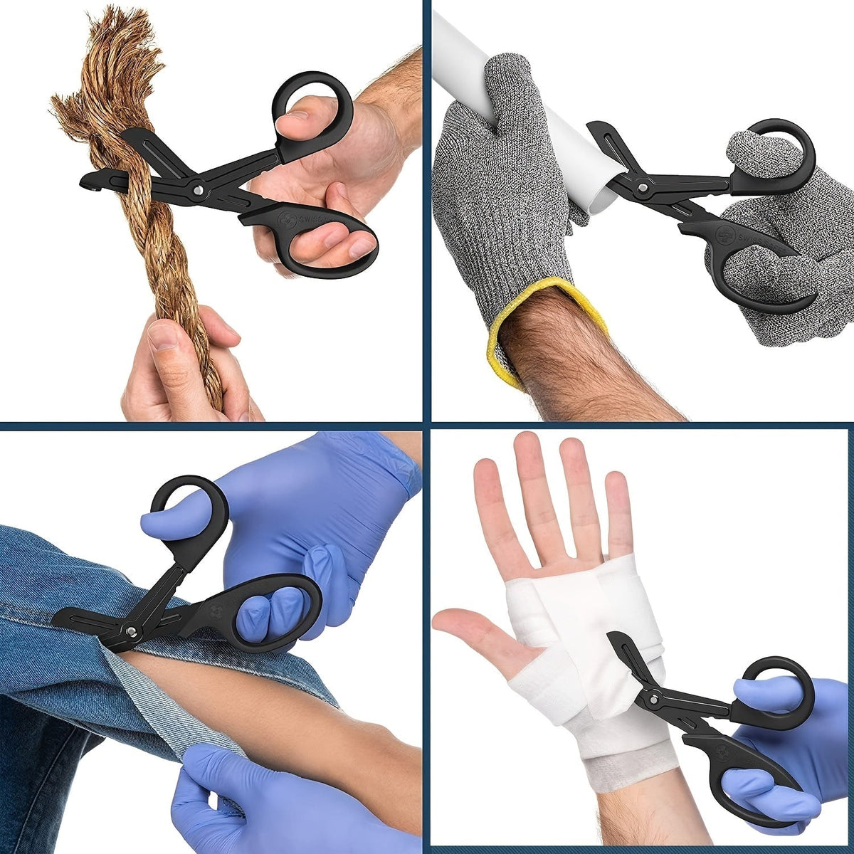 Detailbeelden van zwarte EHBO-schaar bij stof en voorwerpen