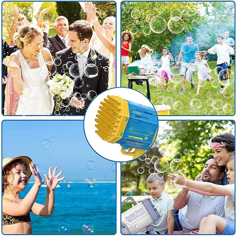 Collage van bellenblazers bij een feest in de tuin en bij het water
