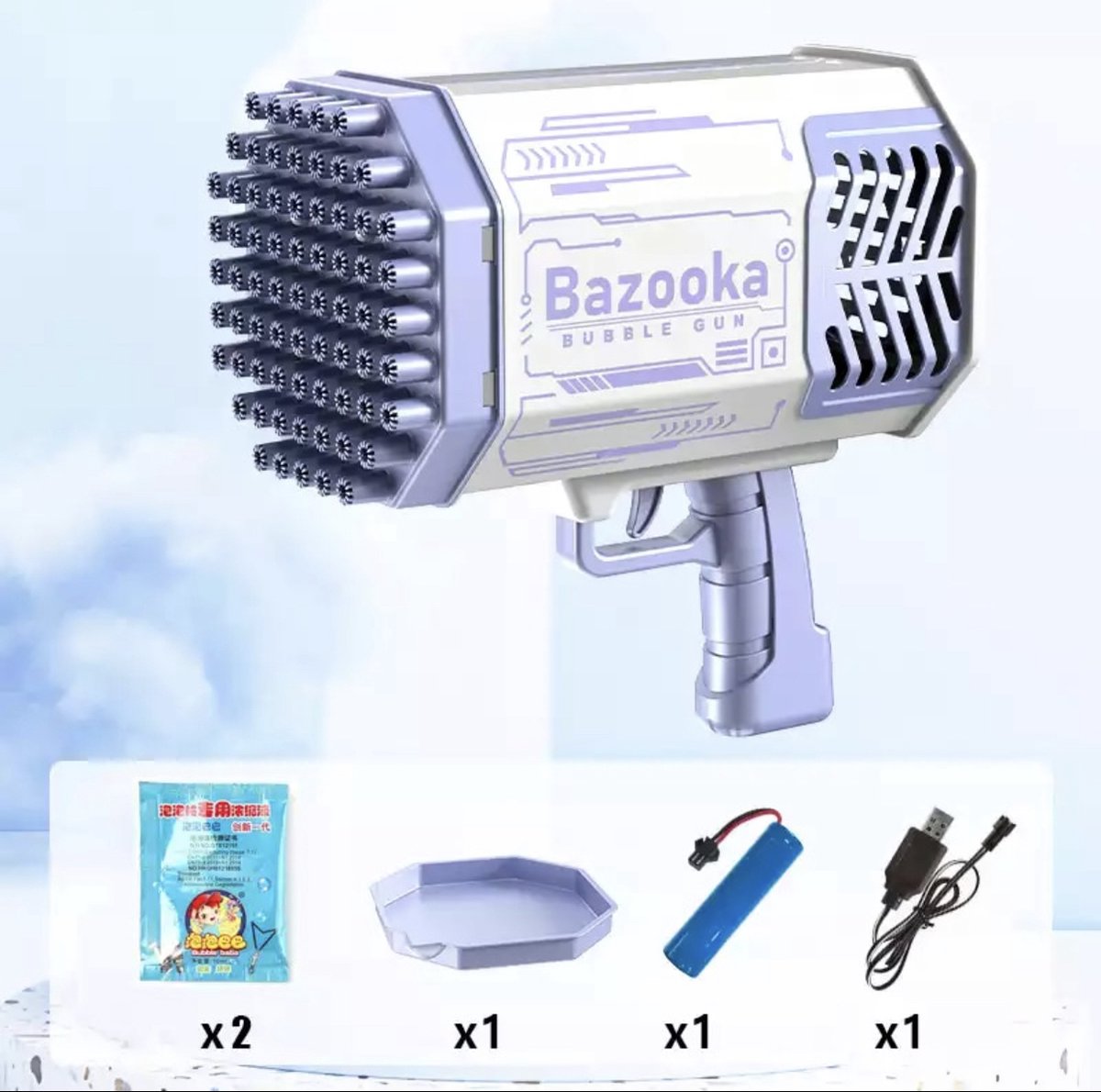 Paarse bellenblazer met bakje accu laadkabel en twee zakjes