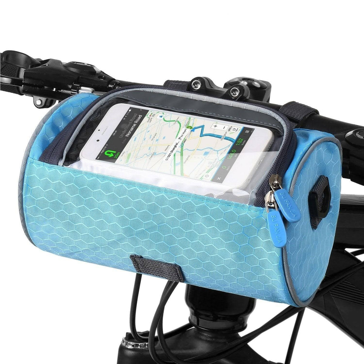 Blauwe fietsstuurtas met telefoon en kaart achter venster