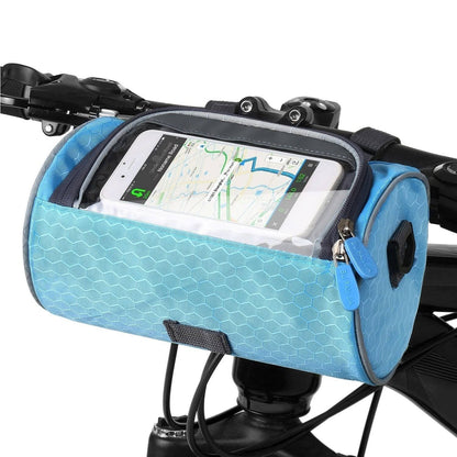 Blauwe fietsstuurtas met telefoon en kaart achter venster