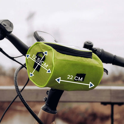 Groene fietstas met maatlijnen aan een stuur