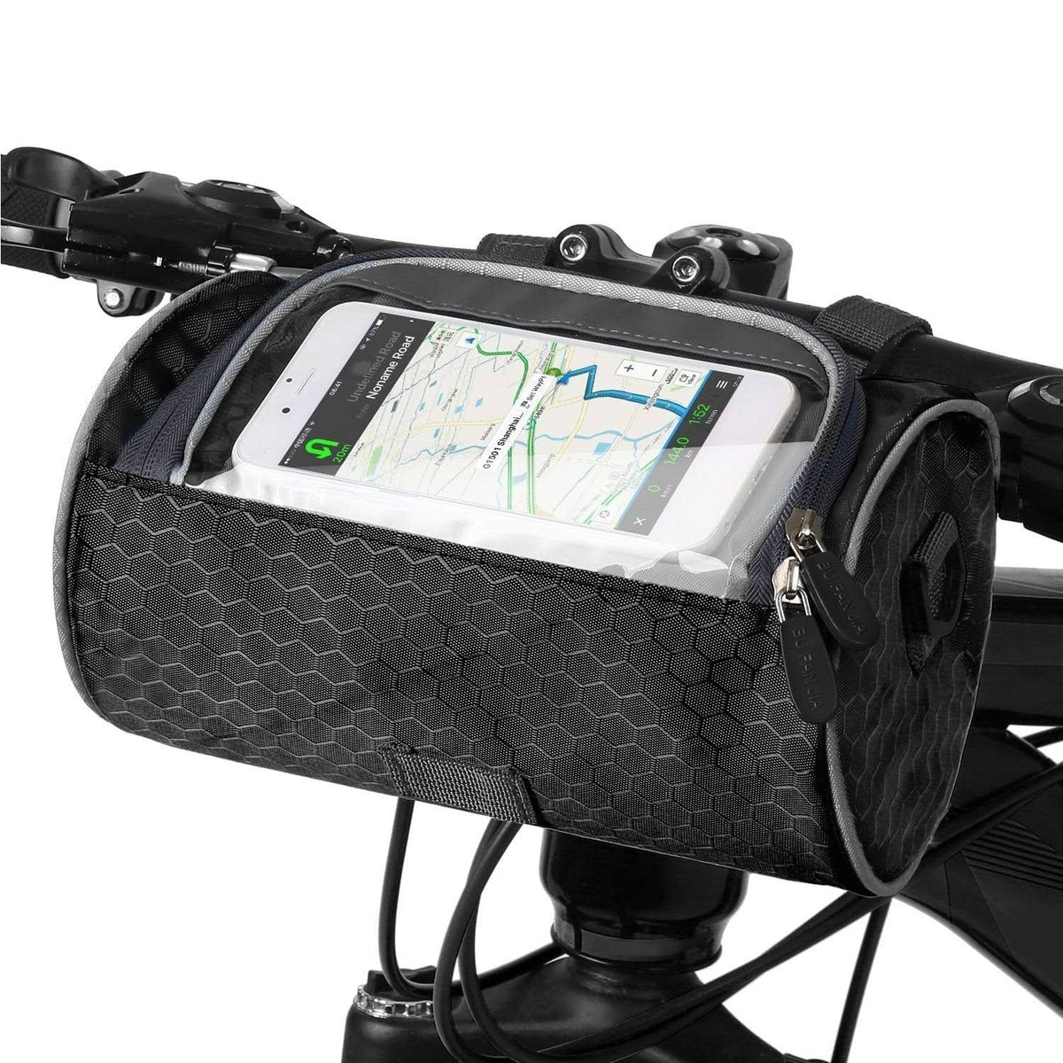 Zwarte fietsstuurtas met telefoon en kaart achter venster