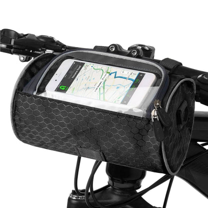 Zwarte fietsstuurtas met telefoon en kaart achter venster
