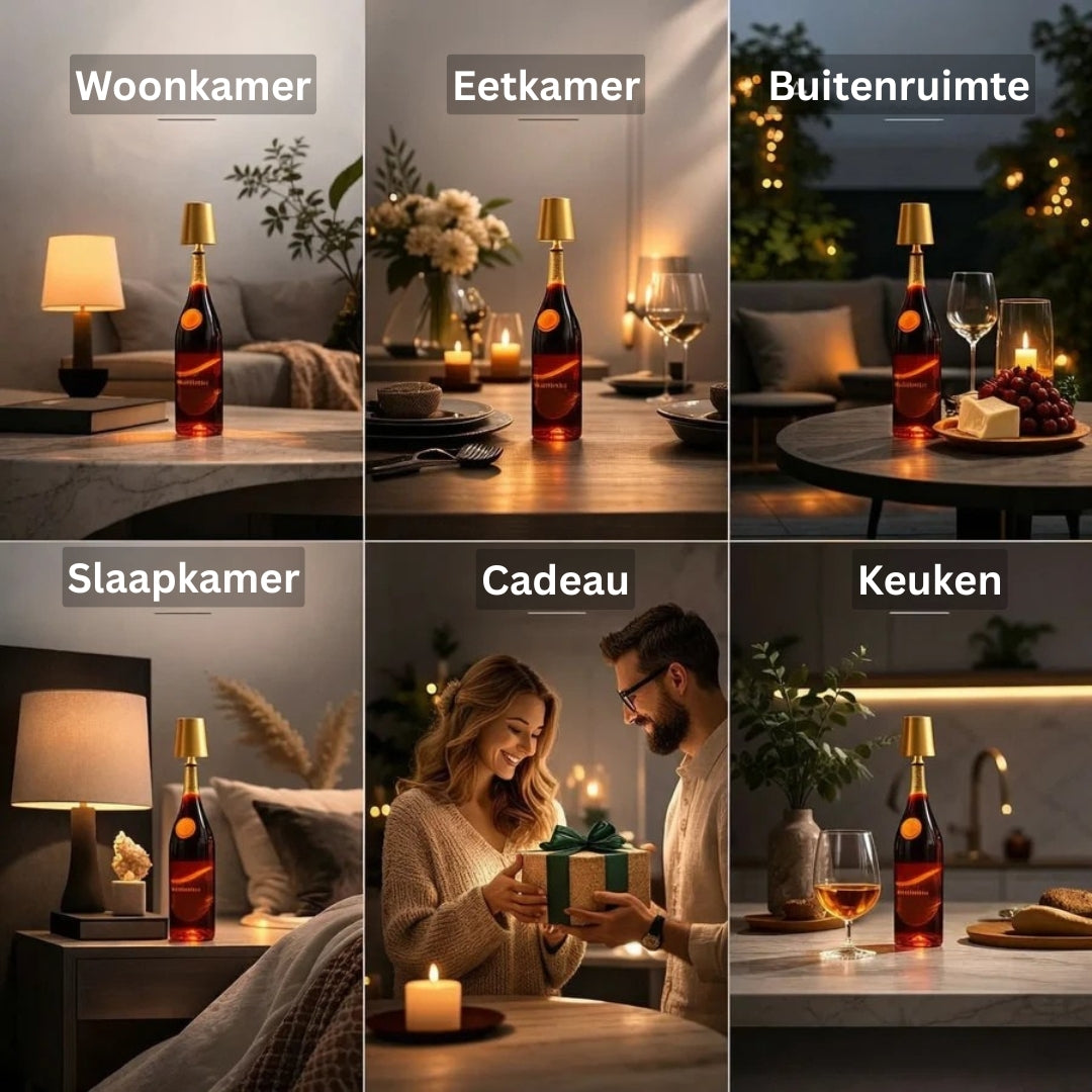 Collage van fleslampen in woonkamer, eetkamer, keuken en buiten