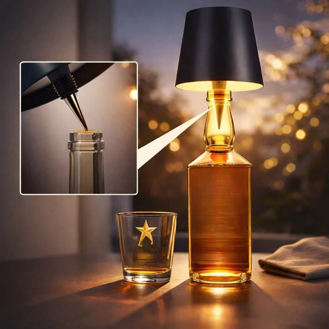 Fleslamp met insteekpunt en goudkleurige lamp op een fles