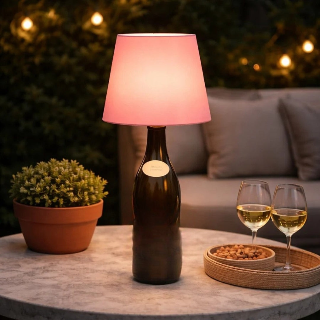 Roze fleslamp op een donkere fles op een buitentafel