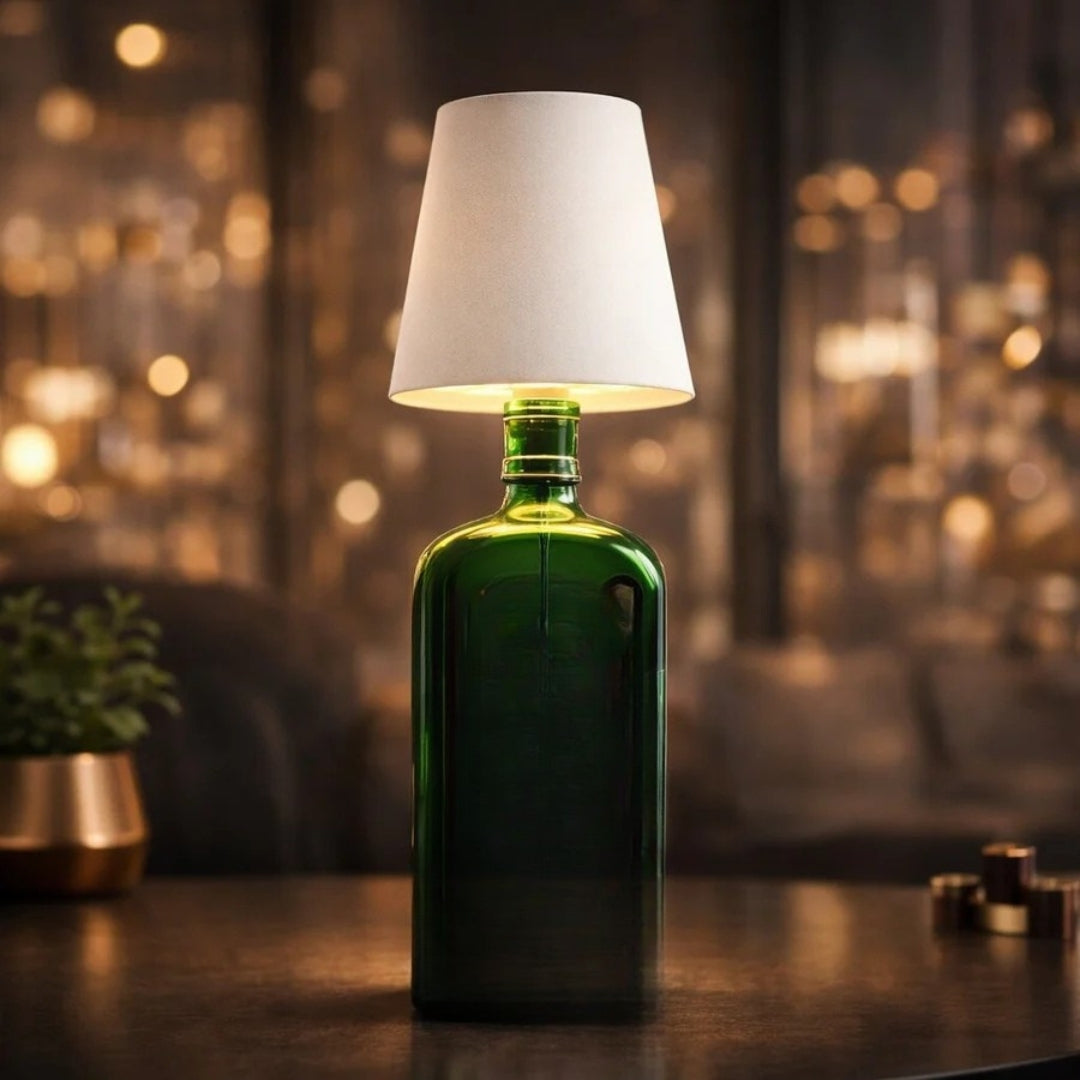 Witte fleslamp op een groene fles bij avondlicht
