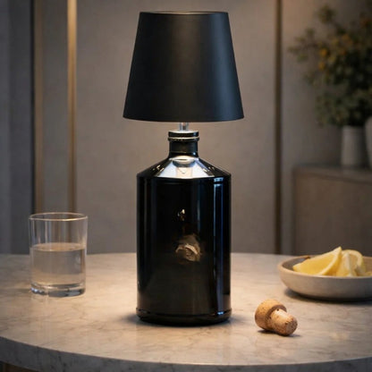 Zwarte fleslamp op een donkere fles op een tafel