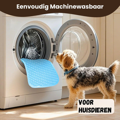 Blauwe mat afgebeeld bij een wasmachine