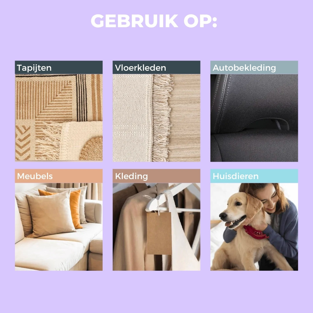 Overzicht van afgebeelde toepassingen op textiel en een huisdier