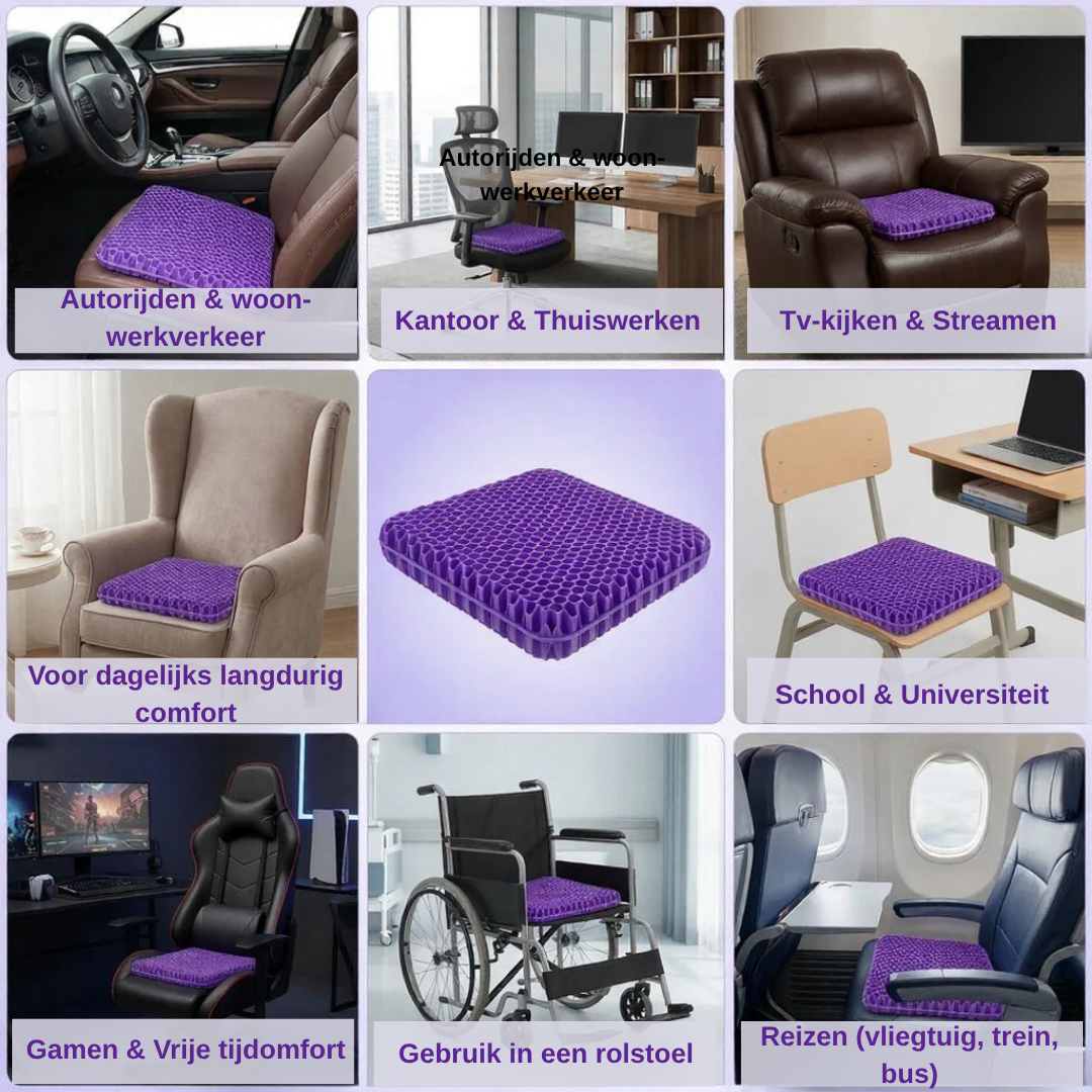Collage van gelzitkussen op stoelen in verschillende situaties