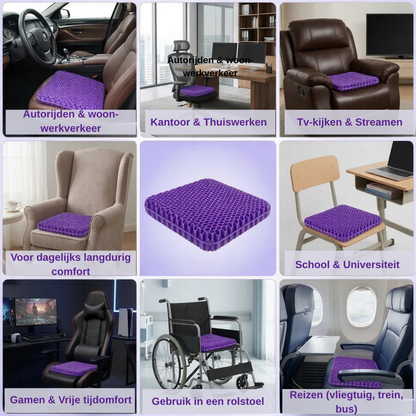 Collage van gelzitkussen op stoelen in verschillende situaties