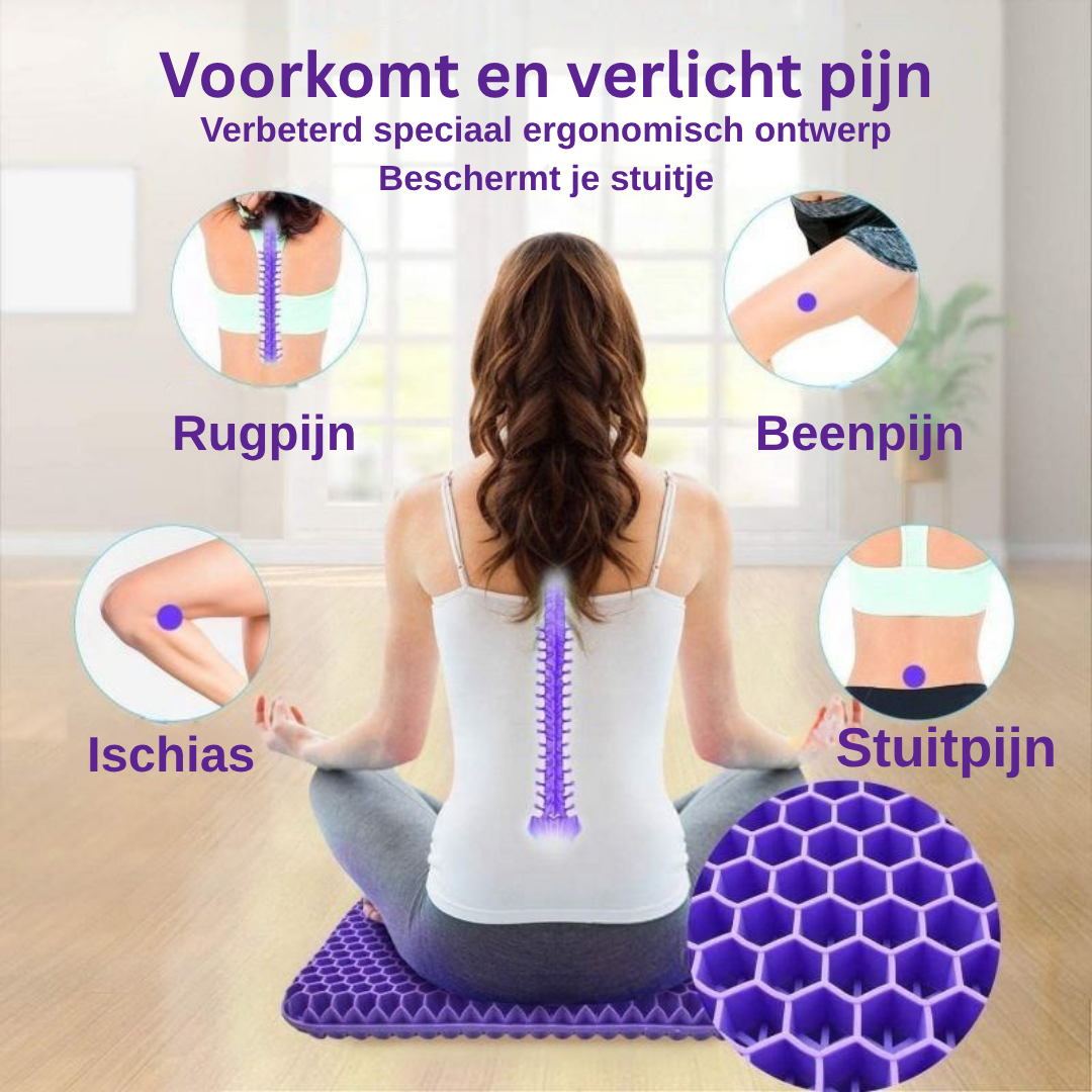 Paars gelzitkussen bij rugillustratie met medische reclameclaims
