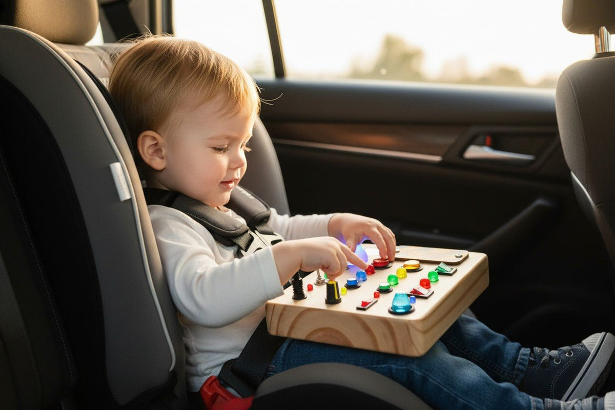 Kind in een autostoel met een houten speelbord met lichtjes