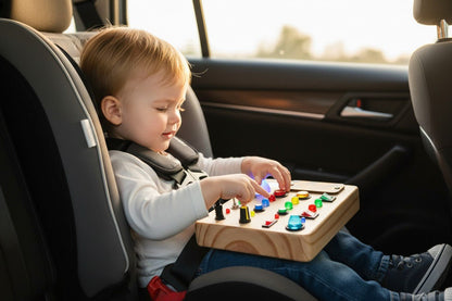 Kind in een autostoel met een houten speelbord met lichtjes