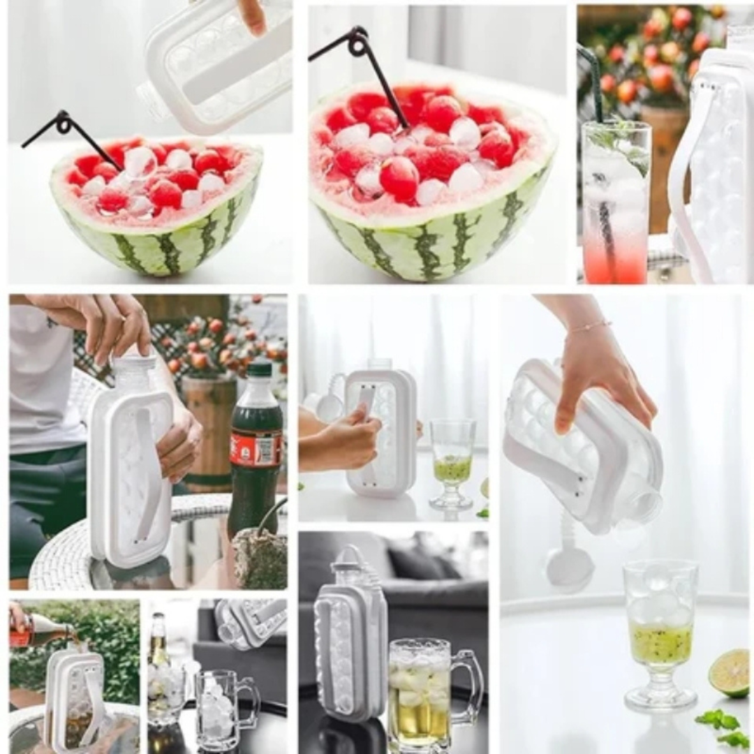 Collage van flesvormige ijsballenmaker en glazen drinken