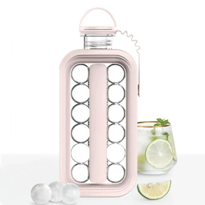 Roze flesvormige ijsballenmaker met handgreep en glas drinken