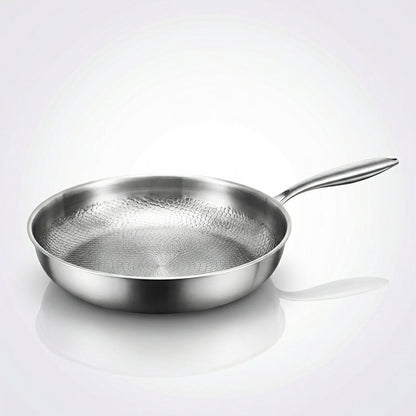 Zilverkleurige koekenpan met gehamerd oppervlak en lange steel