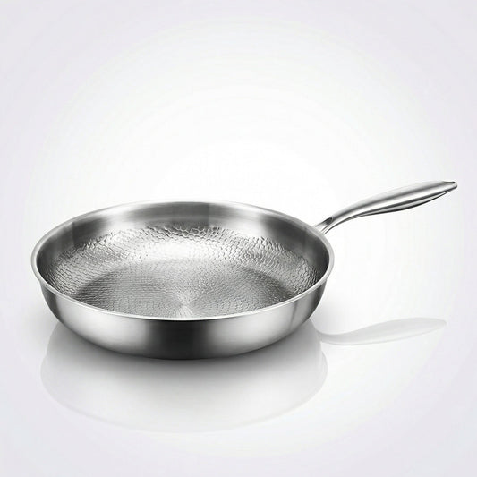 Zilverkleurige koekenpan met gehamerd oppervlak en lange steel