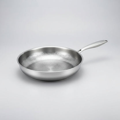 Zilverkleurige koekenpan met steel naar rechts