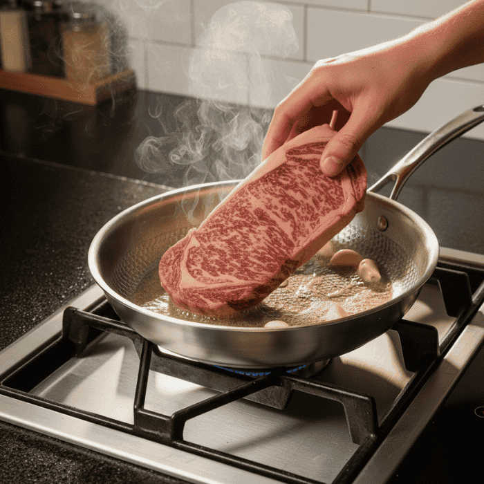 Vlees wordt in een koekenpan op een gasfornuis gelegd