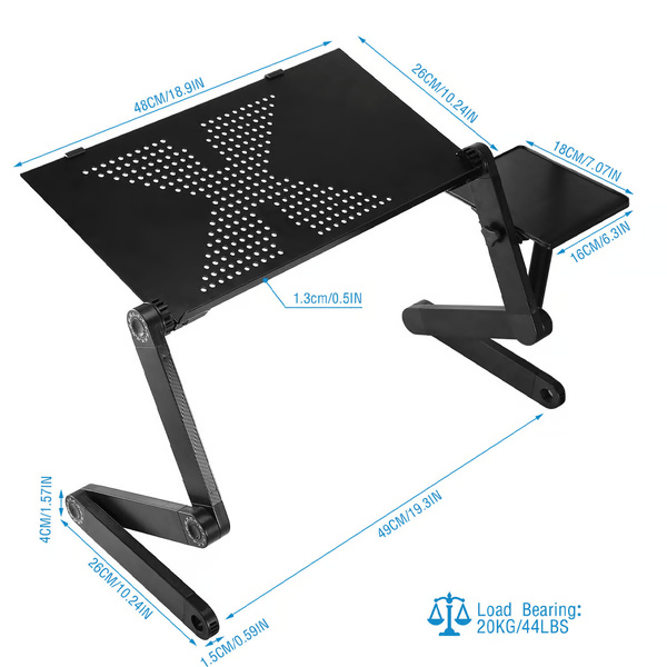 Zwarte laptopstandaard met ventilatieopeningen, zijplateau en maatlijnen