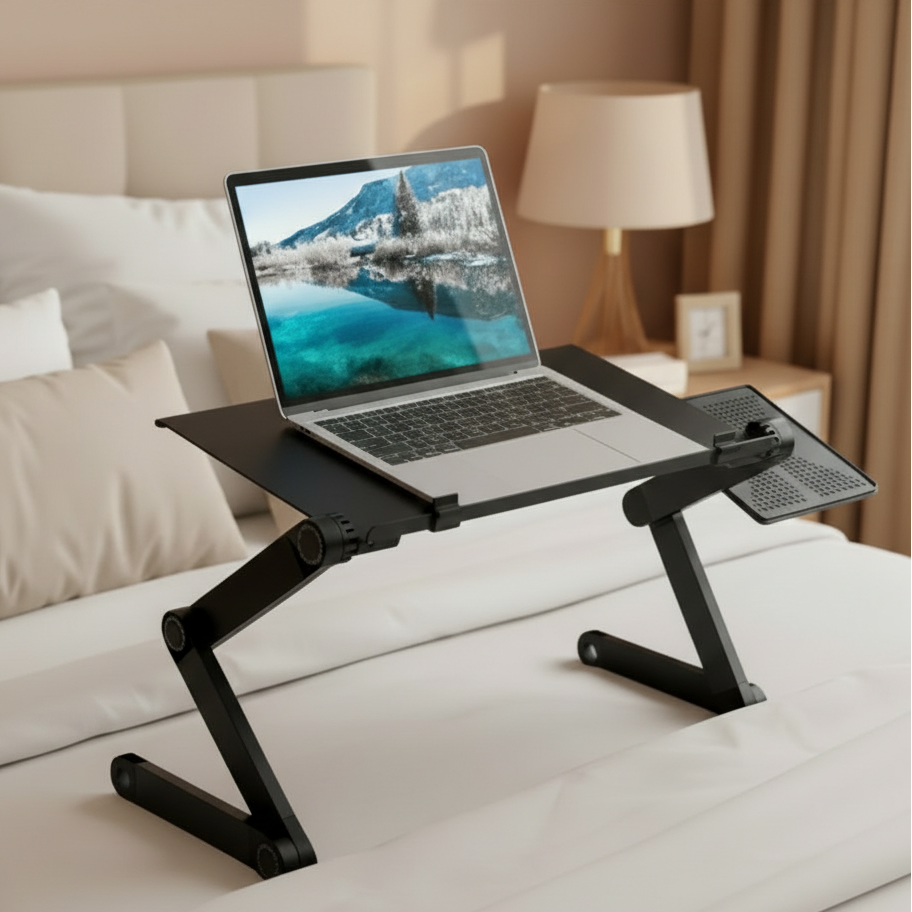 Zwarte verstelbare laptopstandaard met laptop op een bed
