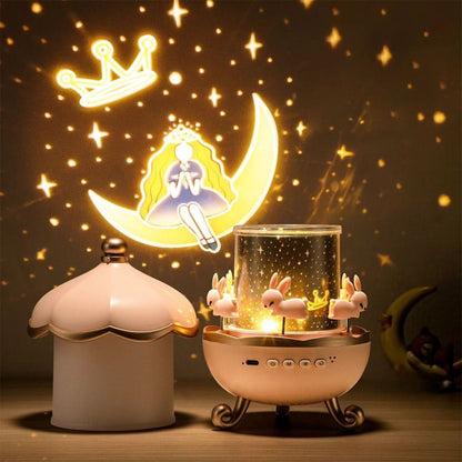 Roze Luminova sterrenprojector met de kap ernaast en een prinsessenprojectie