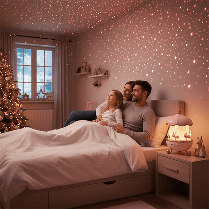 Sfeerbeeld van een gezin in bed met een roze sterrenprojector op het nachtkastje