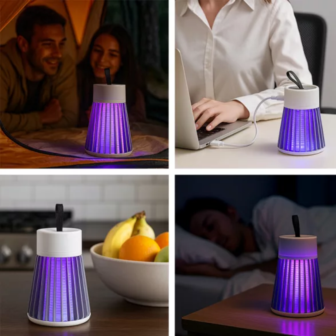 Collage van muggenlamp naast bed, bureau en fruitschaal