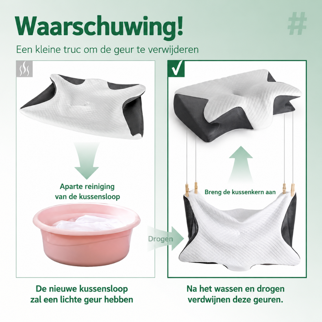 Nekkussen met waarschuwing en reinigingsbeelden van de hoes