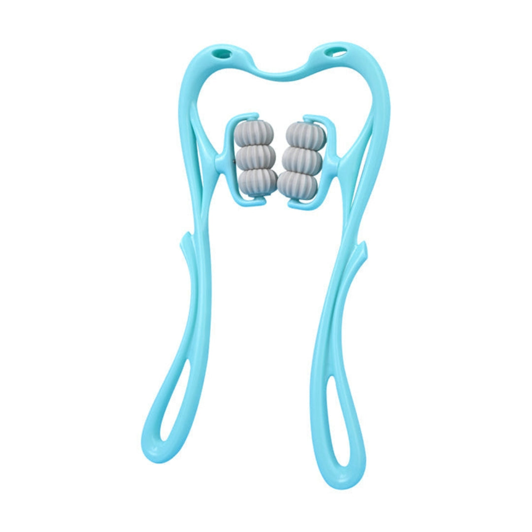 Blauwe handmatige nekmassager met zes grijze rollen