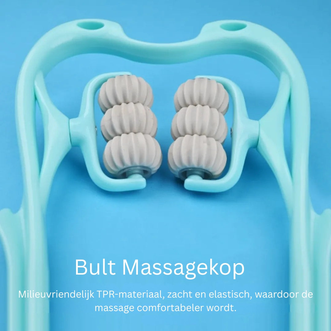 Detail van de zes grijze rollen van een blauwe nekmassager