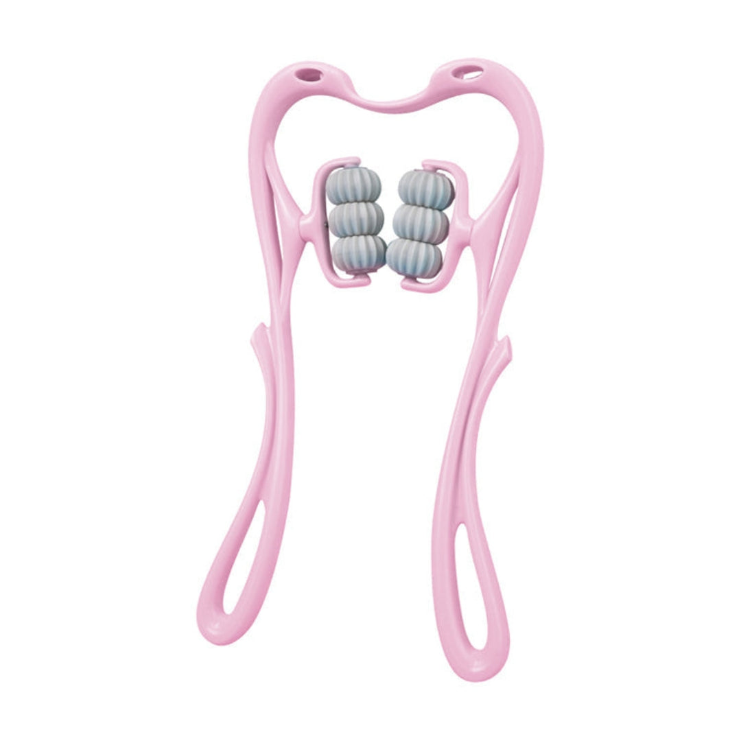 Roze handmatige nekmassager met zes grijze rollen