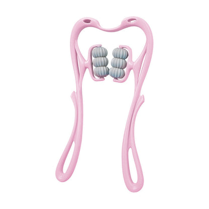 Roze handmatige nekmassager met zes grijze rollen