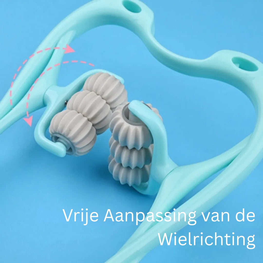 Schuin aanzicht van de rollen en blauwe handgreep van een nekmassager