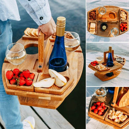 Collage van houten picknicktafel met fles en verschillende hapjes