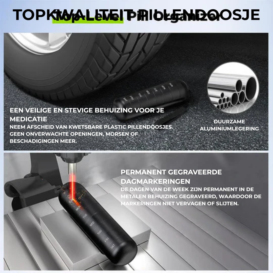 Pillendoosje met geopende vakken en materiaalillustratie