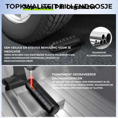 Pillendoosje met geopende vakken en materiaalillustratie